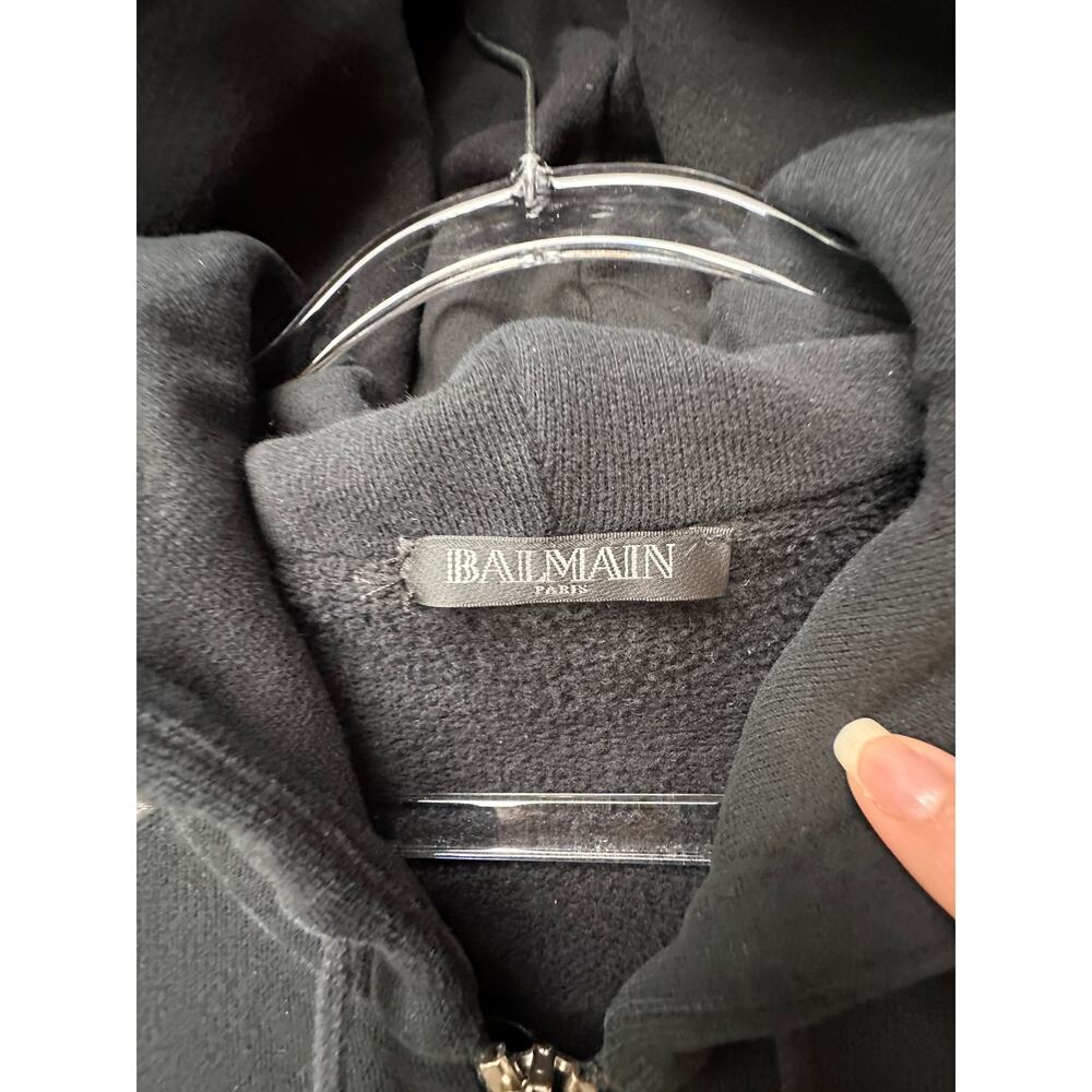FUC Balmain Black Moto Hoodie Jacket Quilted Leather Shoulder Zip Sweatshirt M - Picture 7 of 15